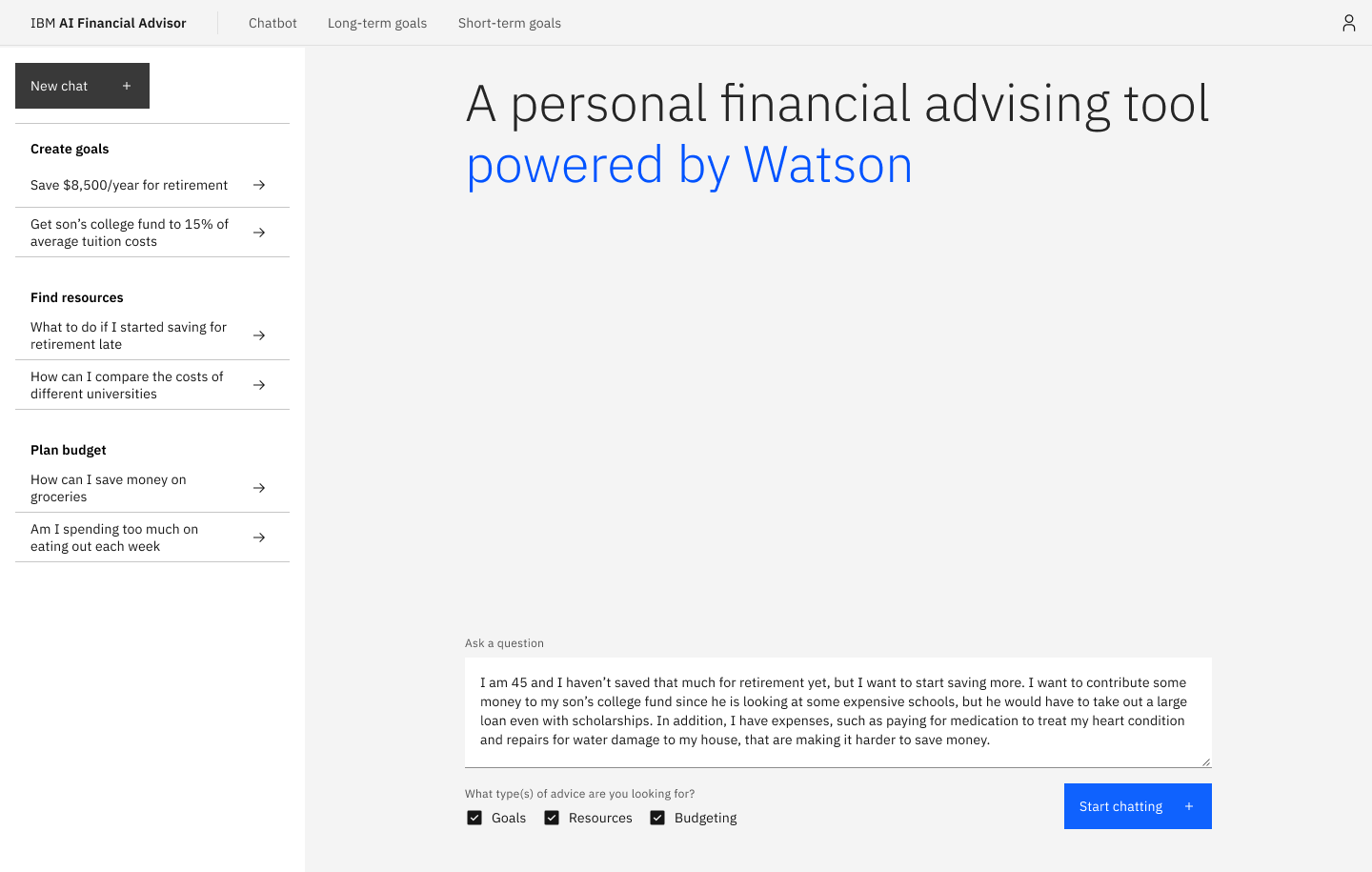AI financial advisor home page.