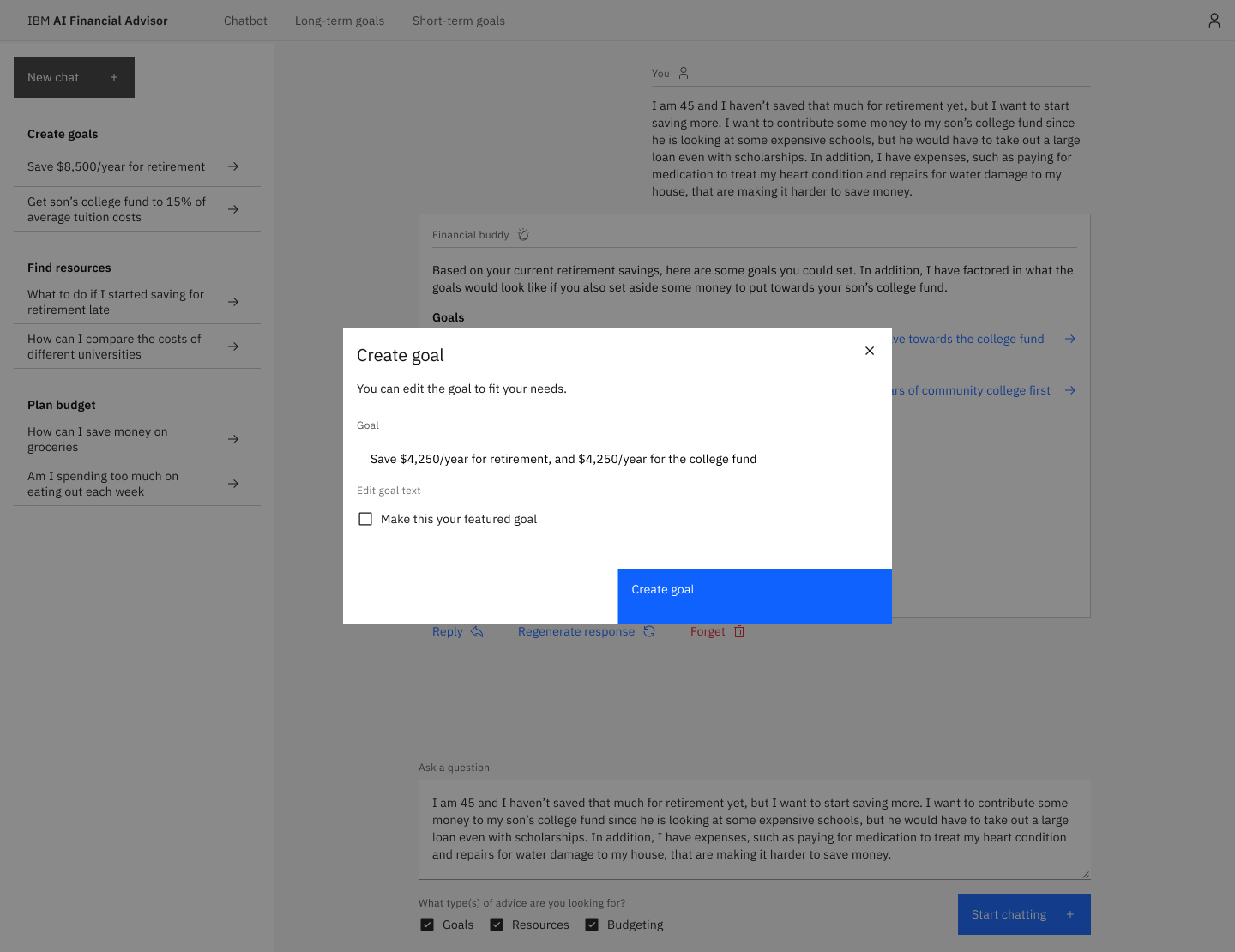 Chatbot create goal modal.