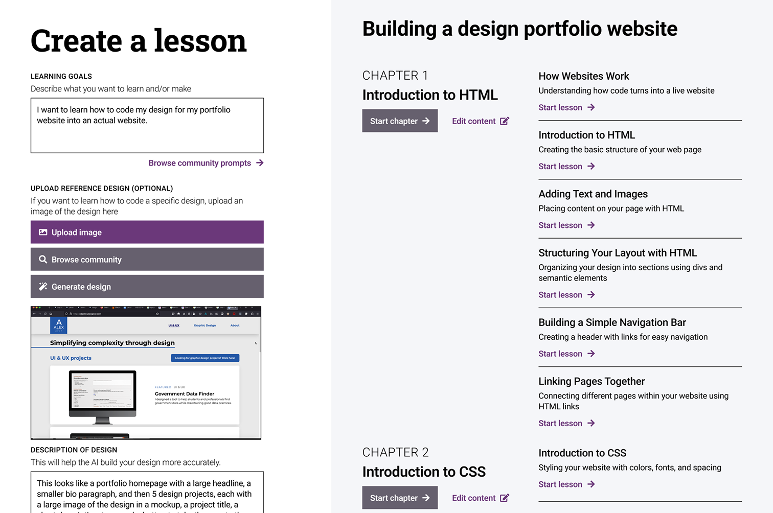 An initial concept I designed that would utilize AI to generate coding lesson plans.