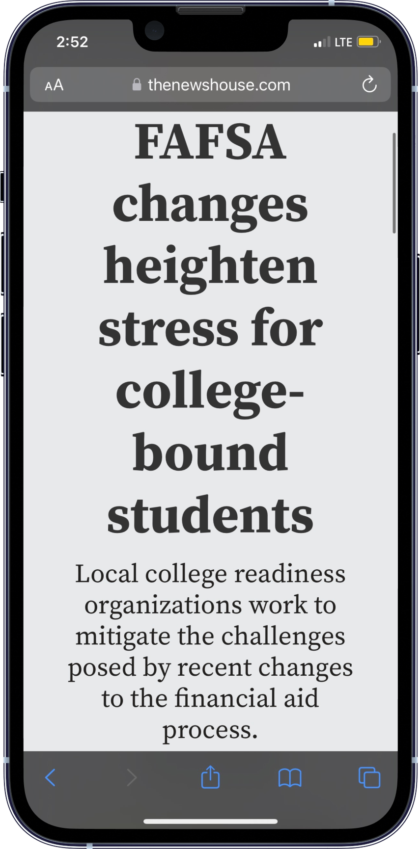 Mockup of current Newshouse article title on a phone.