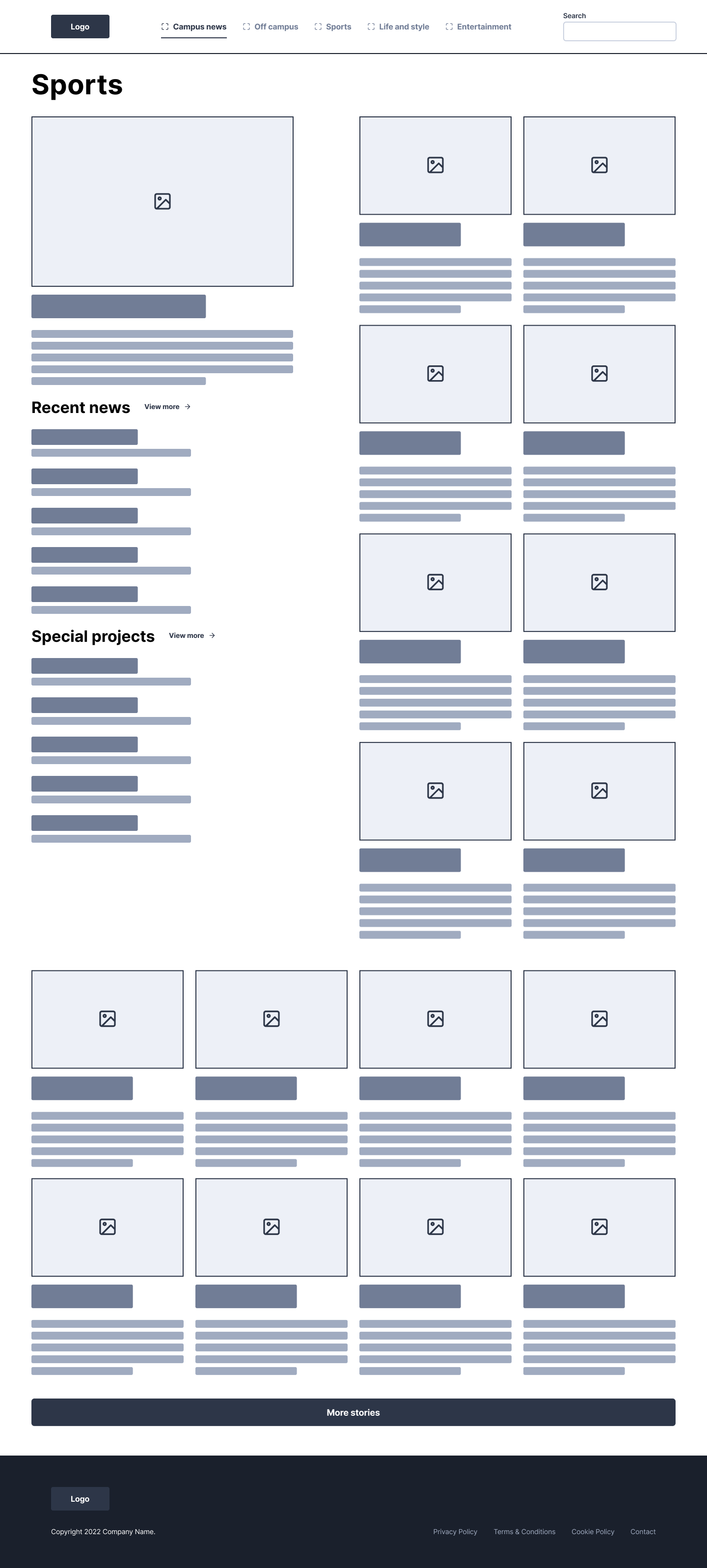 Wireframe of my section front redesign.