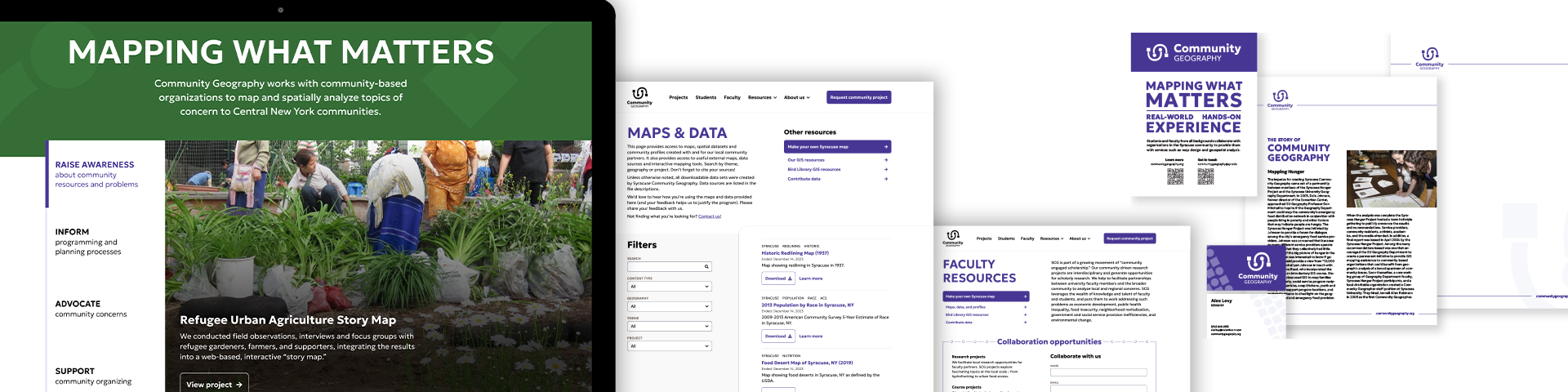 Examples of pages from the Community Geography website alongside printed materials.