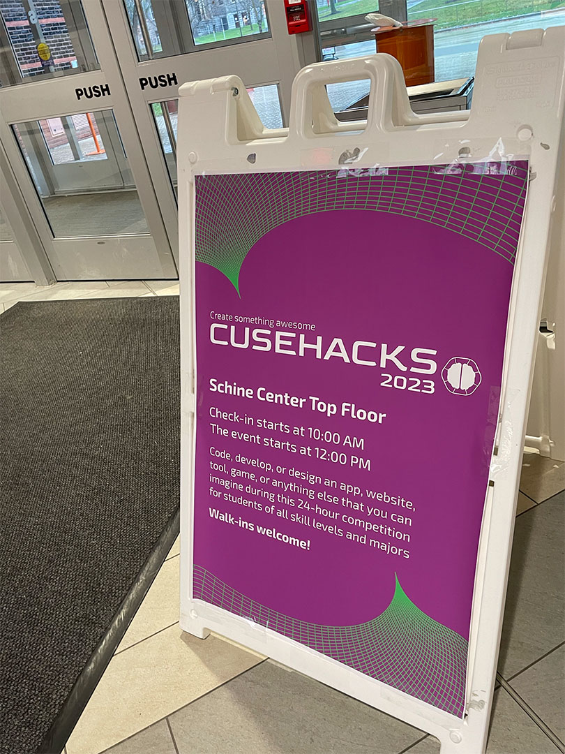 A sign for CuseHacks 2023