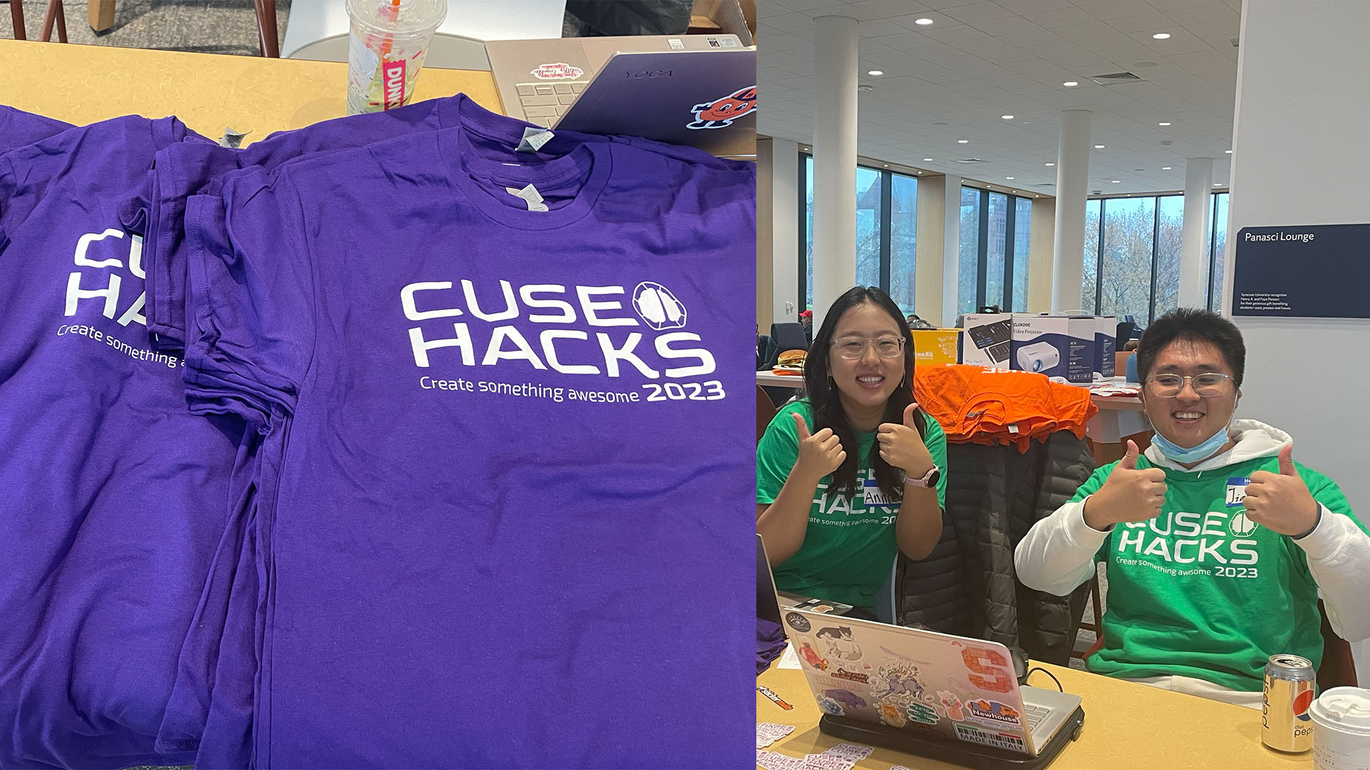 A stack of purple CuseHacks shirts and two people wearing green CuseHacks shirts.