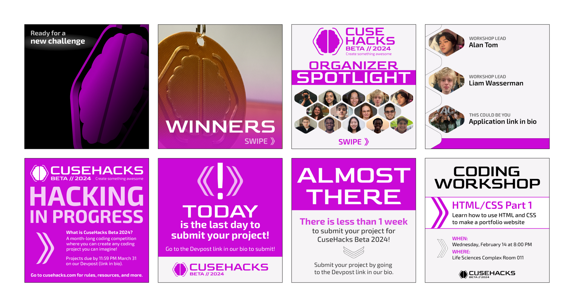 Social media posts that I designed for CuseHacks.