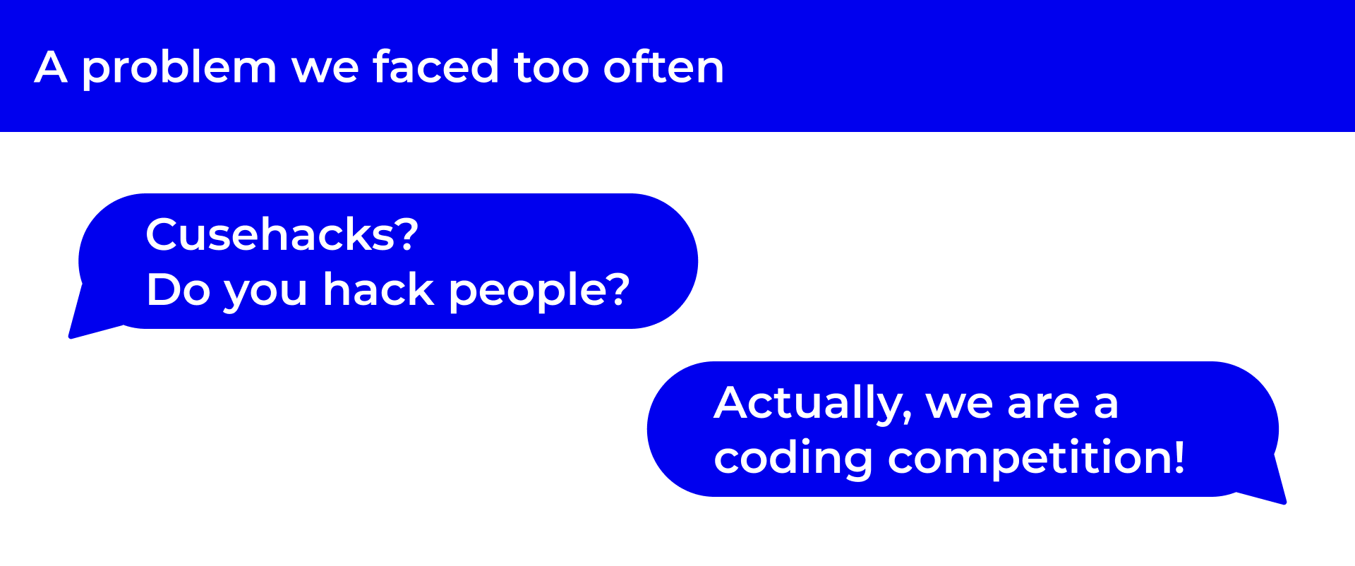 A heading that says 'A problem we faced too often'. Below are two speech bubbles. The first one says 'Cusehacks? Do you hack people?'. The second one says 'Actually, we are a coding competition!'.