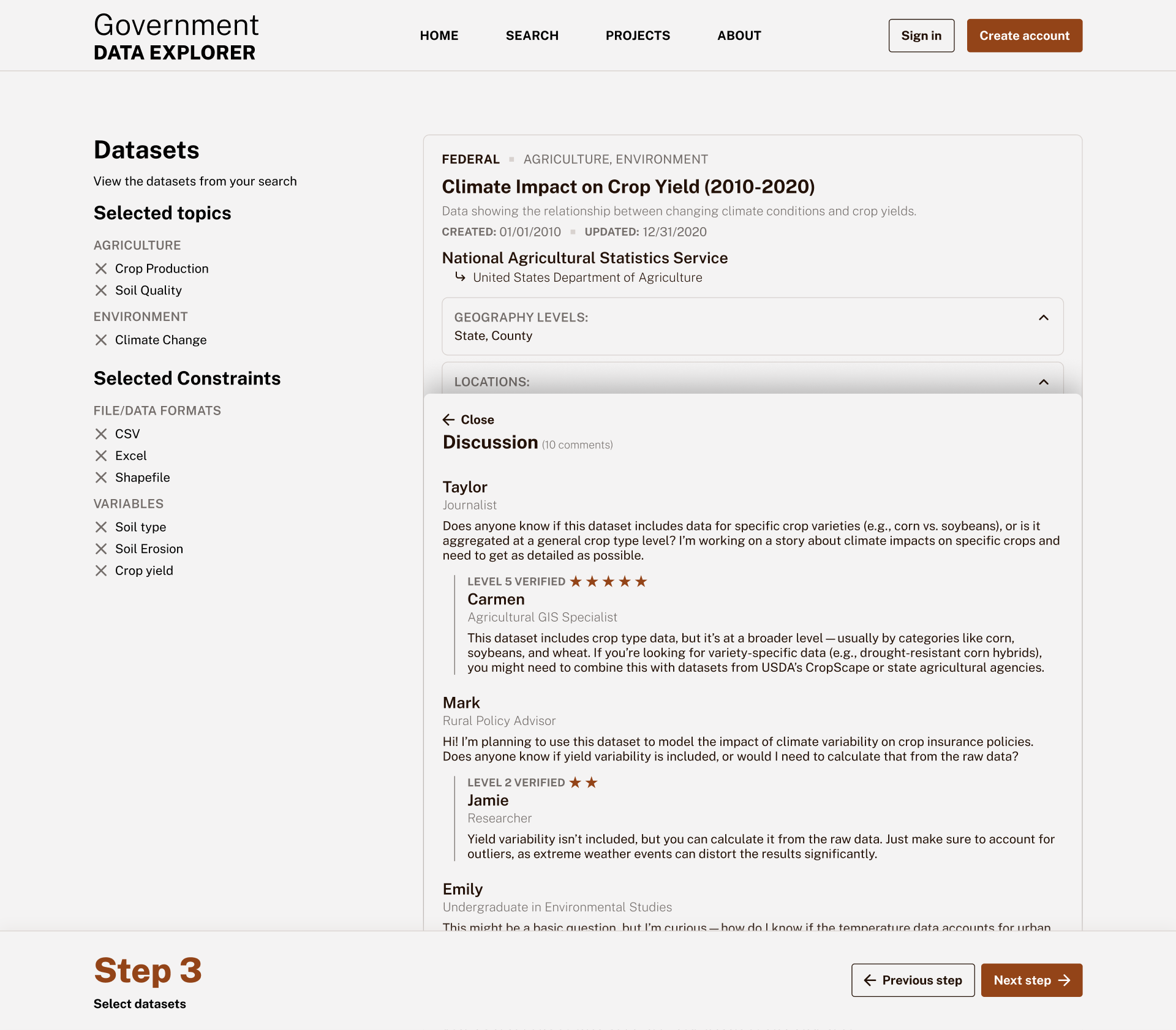 Step three of the data search flow with the discussion board open.