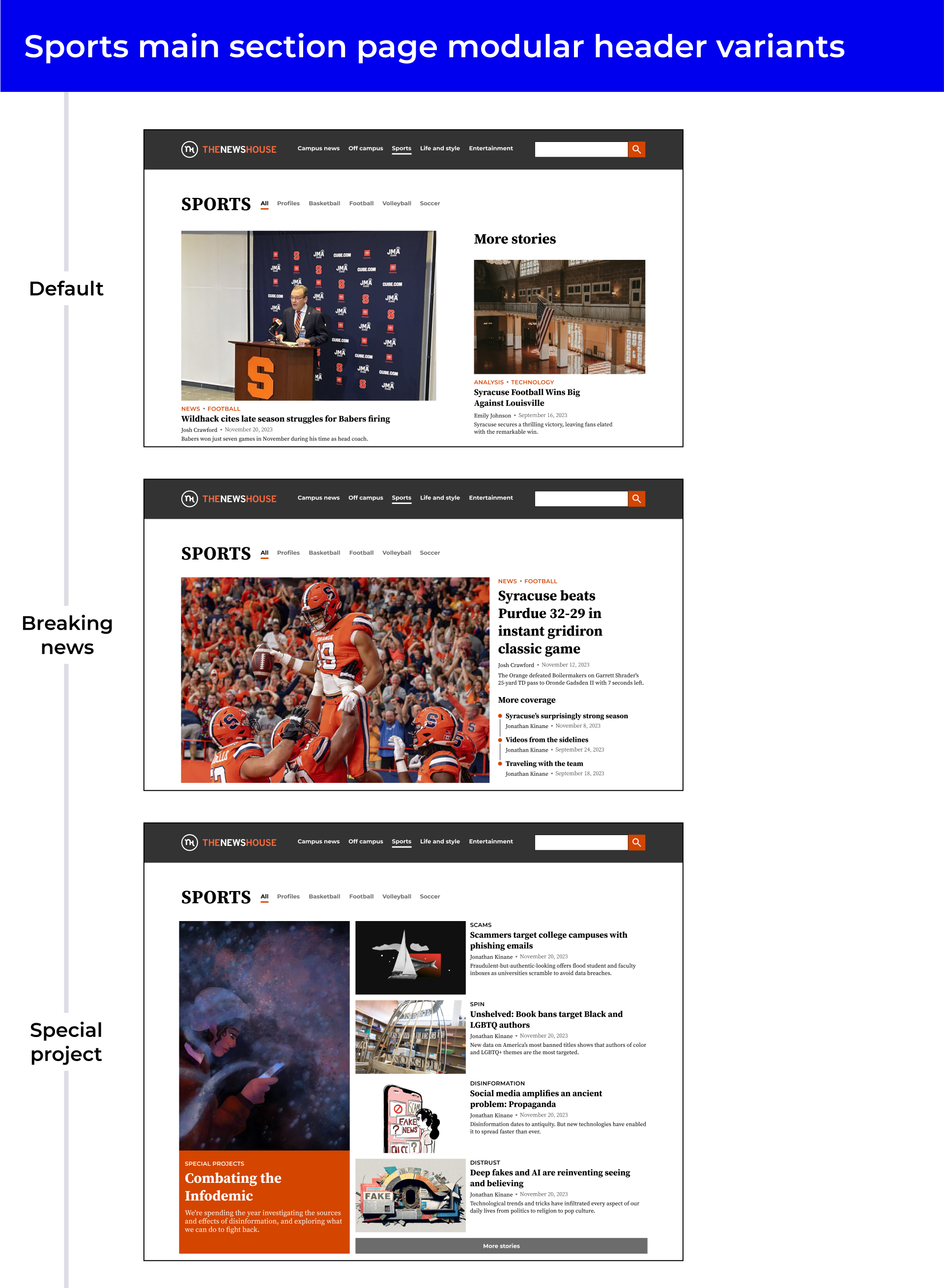 Three variations of the sports section front for the Newshouse website.