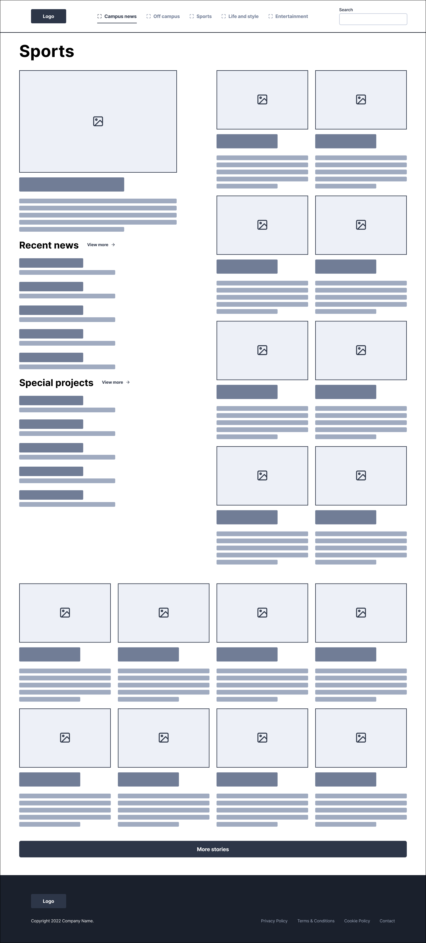 Wireframe of my initial redesign of the Newshouse sports section front.