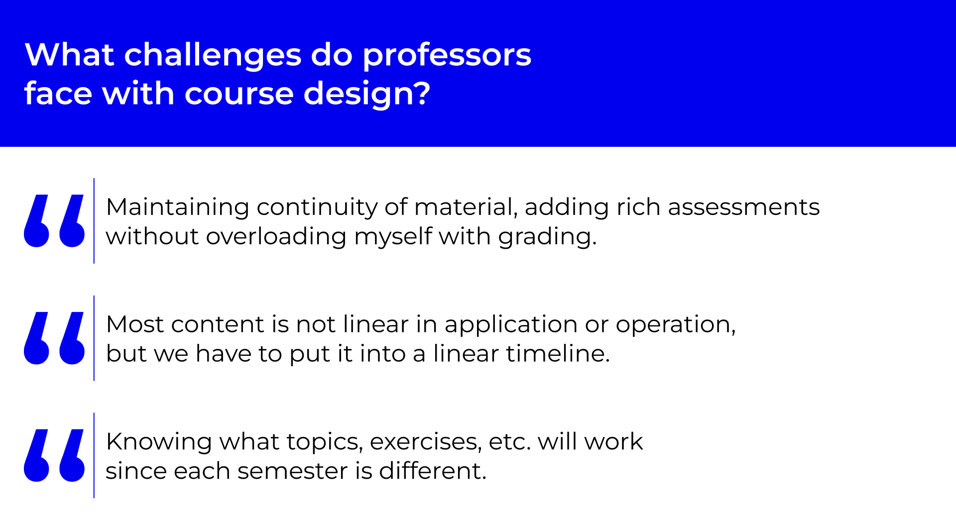 A heading that says: What challenges do professors face with course design. Below, there are 4 quotes. The first quote says: Finding an overall flow for the course — most content is not linear in application or operation, but we have to put it into a linear timeline. The second quote says: Working with outside clients on course projects, realistic timelines, working in student teams for project delivery. The third quote says: Maintaining continuity of material, adding rich assessments without overloading myself with grading tasks. The fourth quote says: Knowing what topics, exercises, etc. will work since each semester is different.