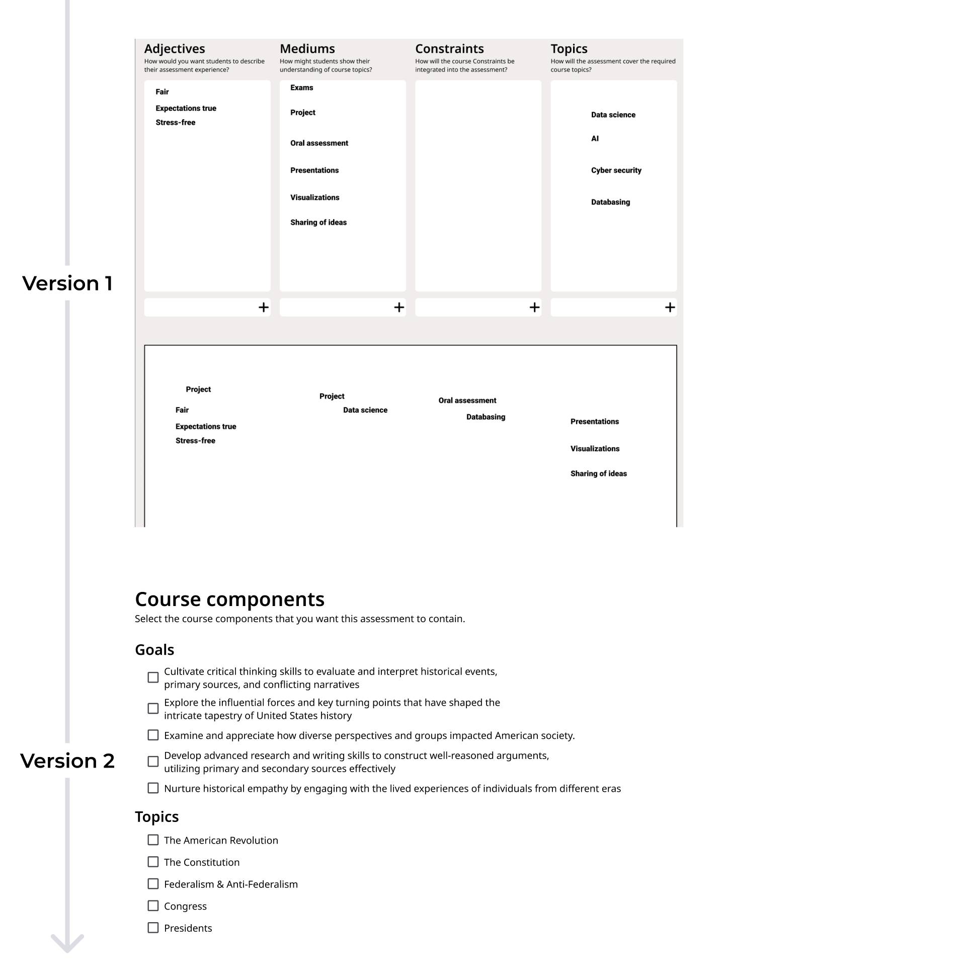 Iterations I made of a feature where professors can organize their course elements.