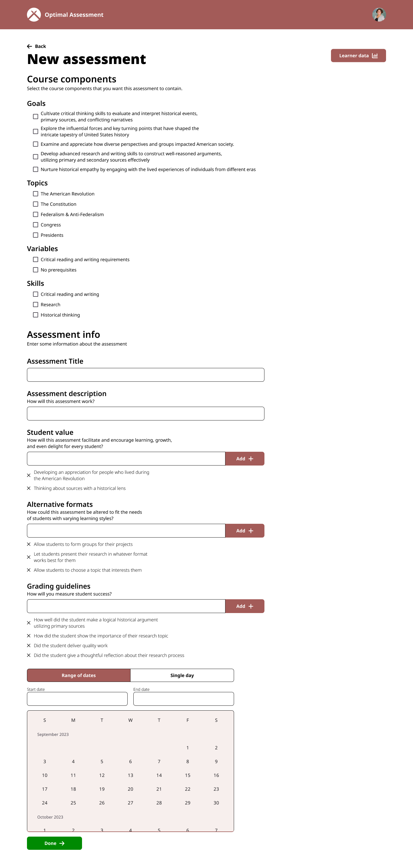 The assessment creation screen.