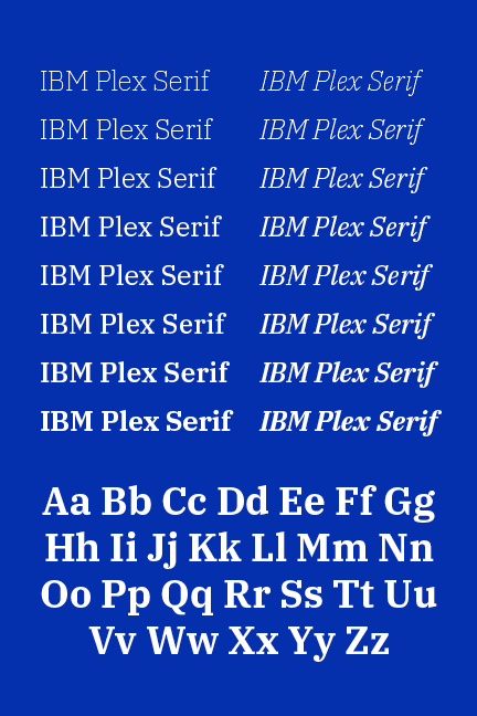 A page from an initial draft of my type specimen. The page has IBM Plex Serif set in each of its weights in both Roman and italic. At the bottom of the page the uppercase and lowercase letters of the alphabet are displayed.