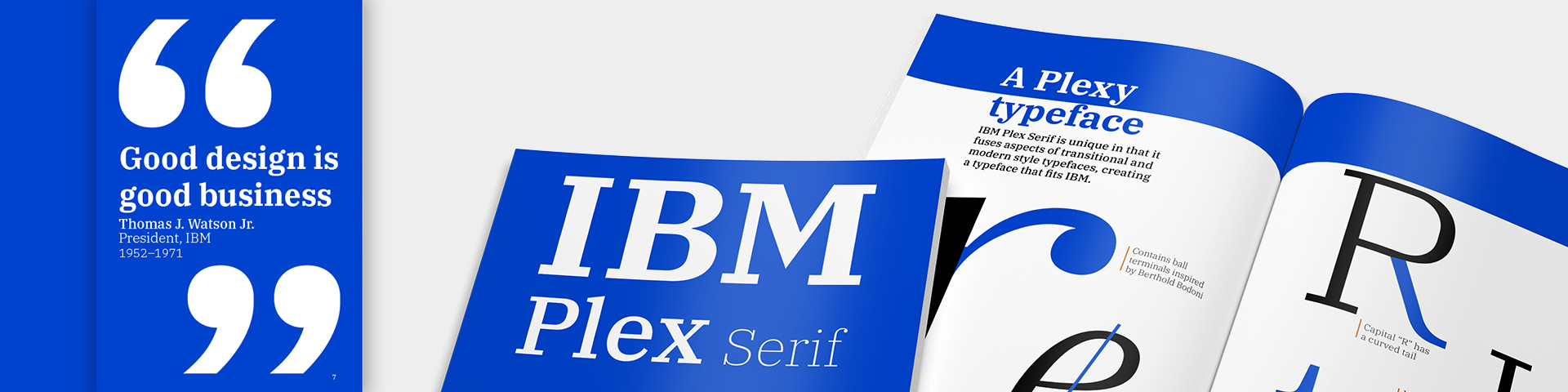 A mockup of the IBM Plex Serif type specimen that I designed.